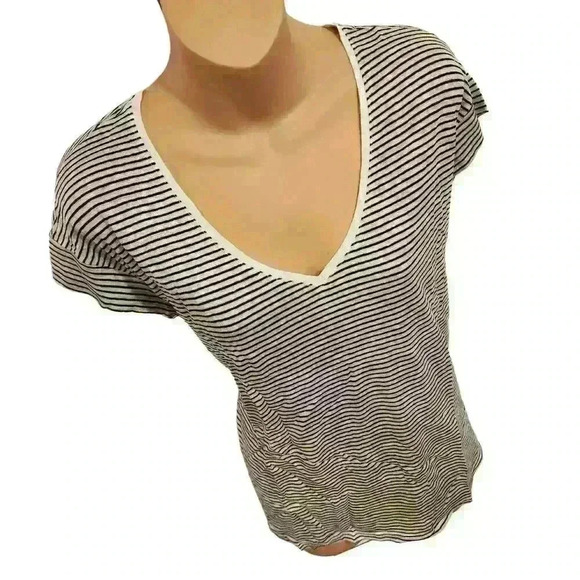 MANGO MNG Women's Striped Linen V-Neck Short Sleeve Tee T-Shirt NWT NEW - Picture 5 of 13